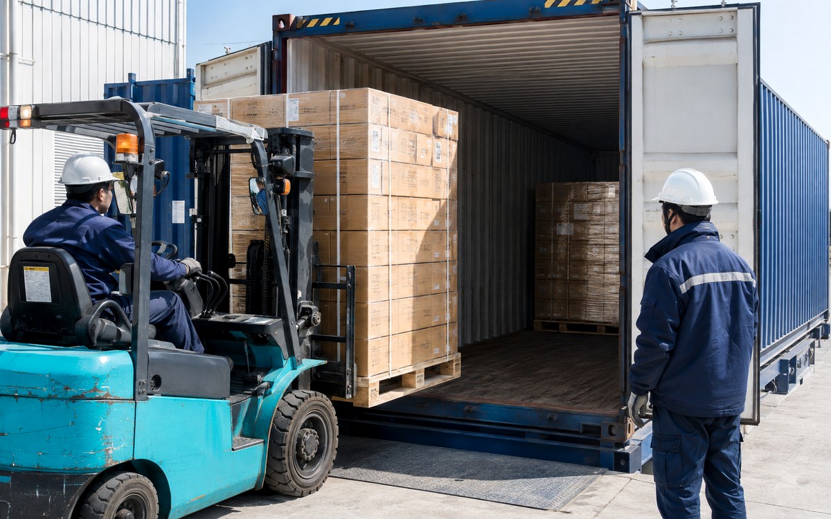 Forklift loading consolidated HVAC orders into a shipping container